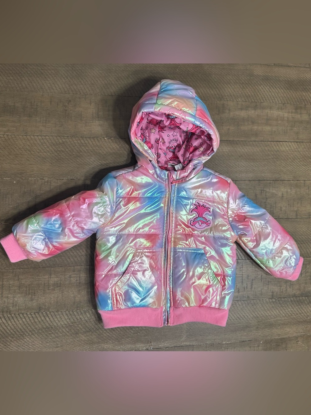 Trolls Toddler Girl Iridescent Puffer Jacket with Hood & Poppy Embellishment|2T - Picture 2 of 5